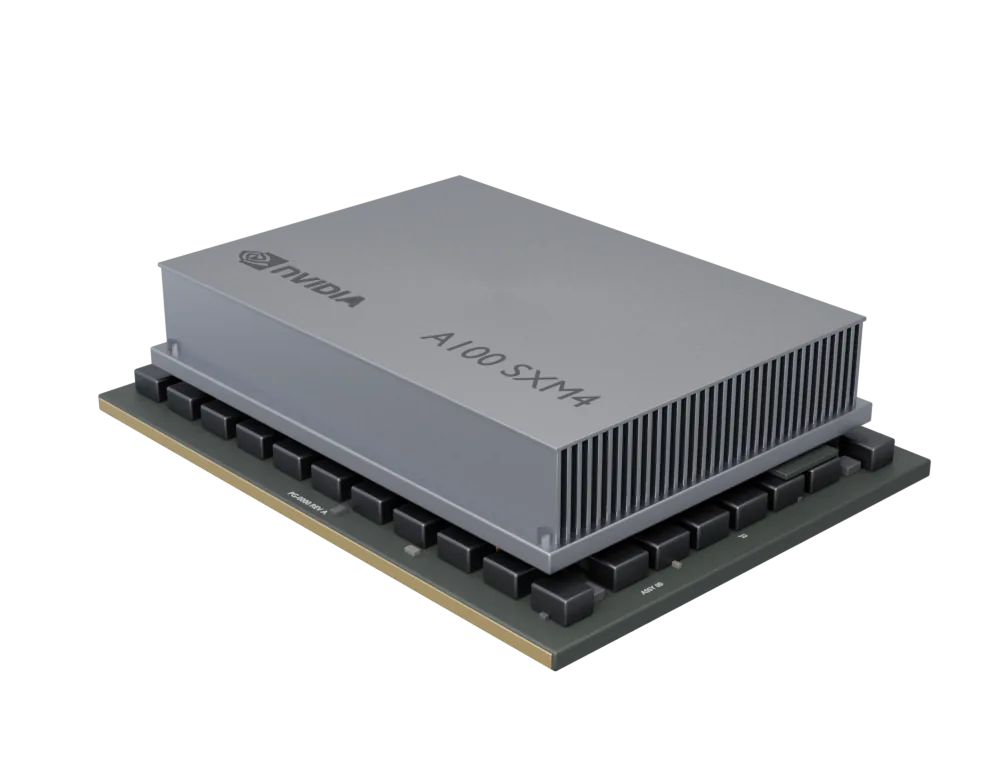 Illustrative render of a NVIDIA A100 SXM4 40GB: a generic body for its form factor, carrying the model name. Not a product photograph.