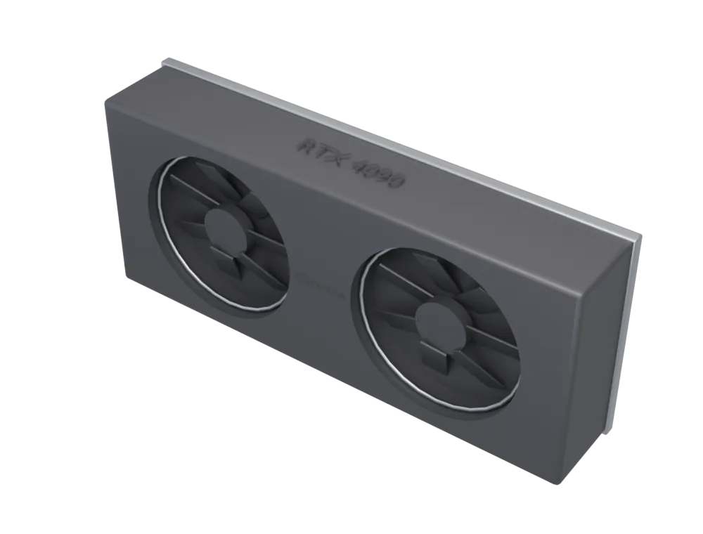 Illustrative render of a NVIDIA RTX 4090 24GB: a generic body for its form factor, carrying the model name. Not a product photograph.