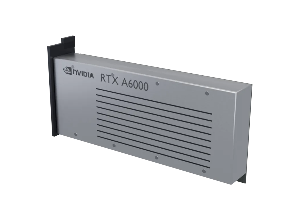 Illustrative render of a NVIDIA RTX A6000 48GB: a generic body for its form factor, carrying the model name. Not a product photograph.