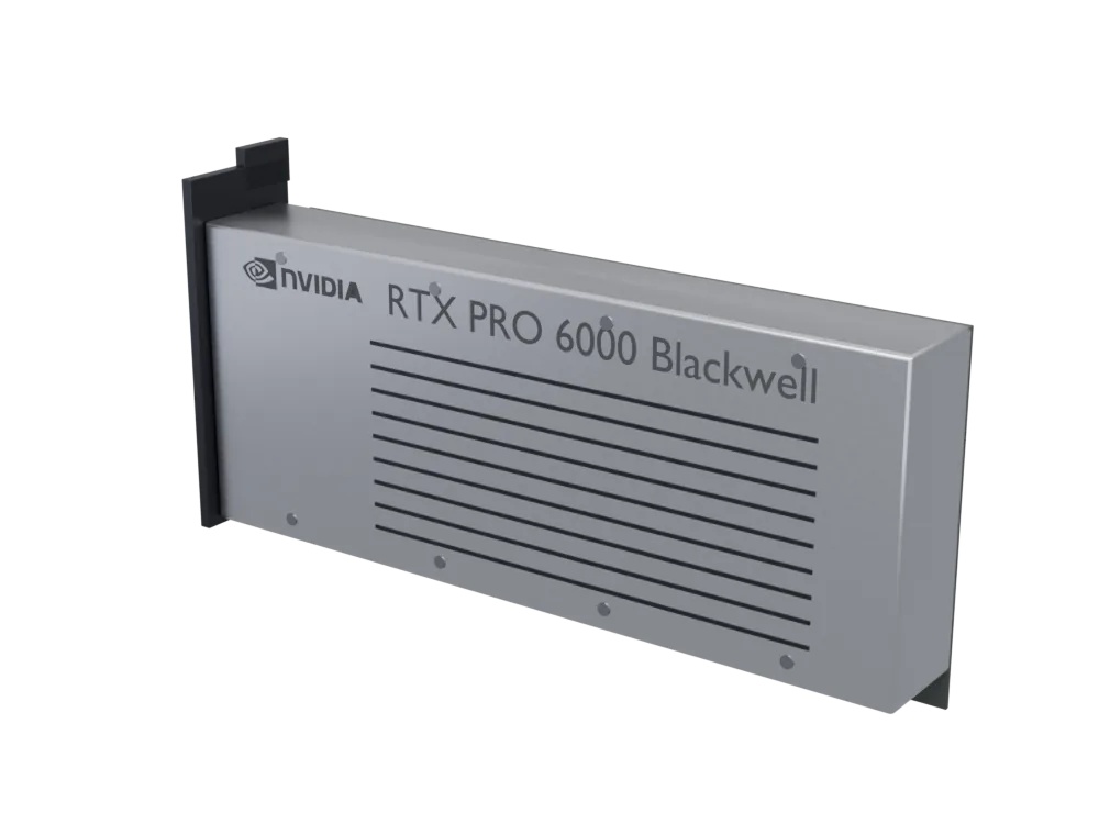 Illustrative render of a NVIDIA RTX PRO 6000 Blackwell 96GB: a generic body for its form factor, carrying the model name. Not a product photograph.