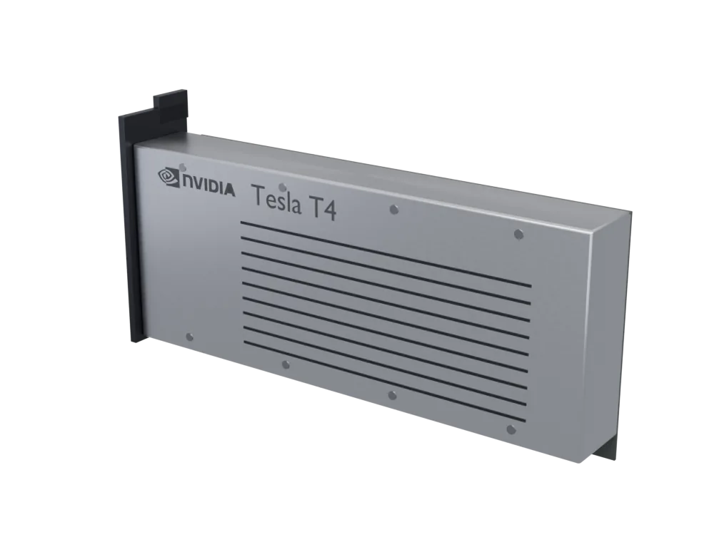 Illustrative render of a NVIDIA Tesla T4 16GB: a generic body for its form factor, carrying the model name. Not a product photograph.